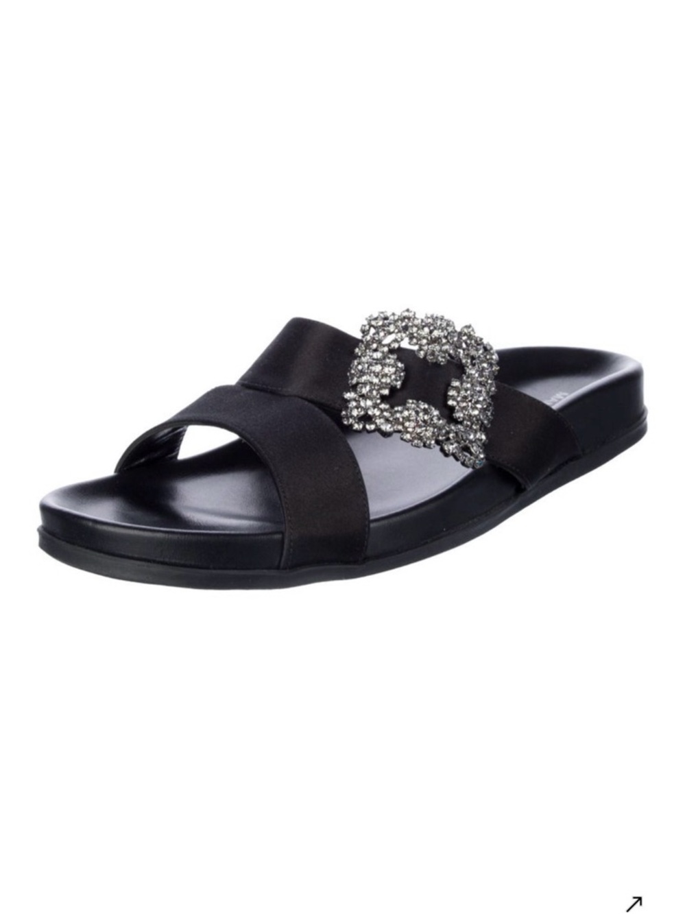 Manolo Blahnik Black Chilanghi Satin Crystal Buckle Slide Sandals EUC